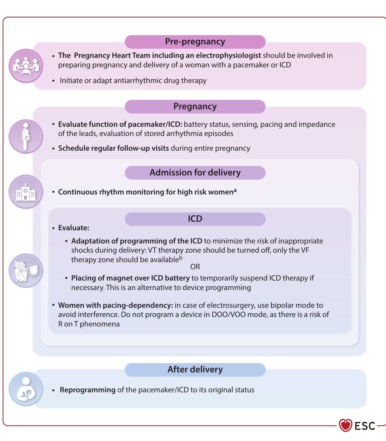 임신 중 박동기·ICD 관리 단계 — ESC 2025 가이드라인 Figure 17